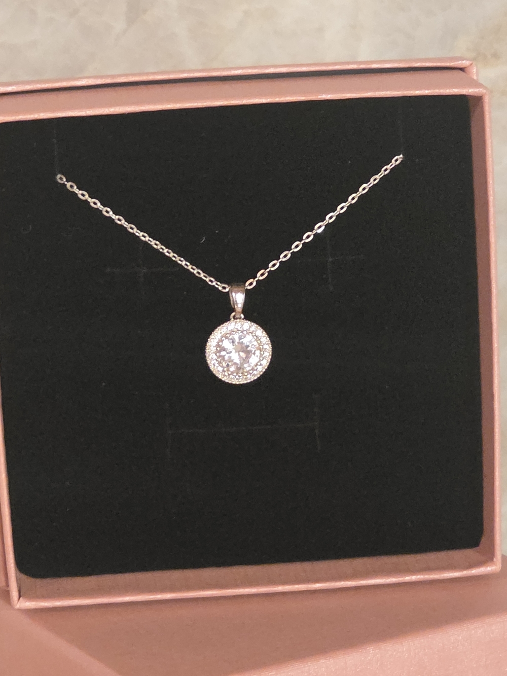 Dainty Silver Halo Pendant Necklace with White Stone